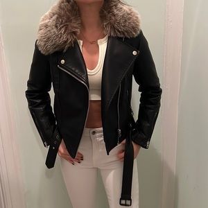 Topshop Black Faux Leather Fur Moto Jacket